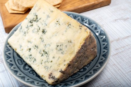 Foto de Colección de queso, leche de vaca inglesa semi-suave, desmenuzable viejo stilton queso azul de cerca - Imagen libre de derechos