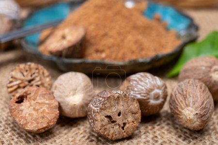 Tasty winter spice whole dried and ground powder nutmeg, used as an ingredient in many dishes, eggnog, potato, mulled wine, close up