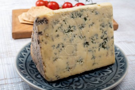 Cheese collection, English cow milk semi-soft, crumbly old stilton blue cheese close up