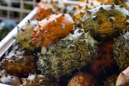 Kiwano tropical fruits, African horned cucumber, horned melon, spiked melon, jelly melon with horn-like spines, hence the name horned melon