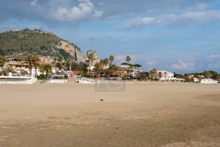 View on sandy beach of Terracina, Tyrrhenian Sea bay, ancient Italian city in province Latina in winter, Italy