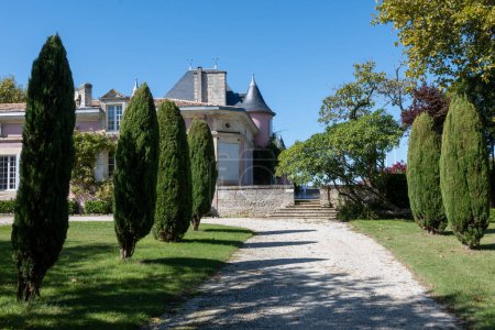 Views of typical wine domain or chateau in Haut-Medoc red wine making region, Pauillac village, Bordeaux, left bank of Gironde Estuary, France