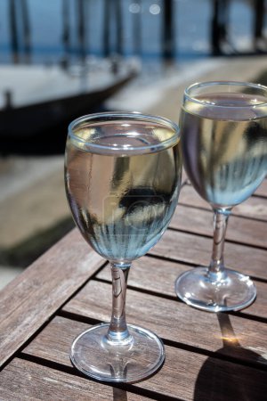 Beber vino blanco en la cafetería de la granja en el pueblo ostrícola, con vistas a los barcos y el agua de la bahía de Arcachon, la península de Cap Ferret, Burdeos, Francia en un día soleado