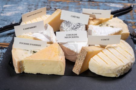 Tasting plate with small pieces of different French cheeses with name labels, close up