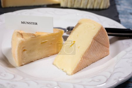 Photo for Munster gerome French cheese, strong-smelling soft cheese with subtle taste, made mainly from milk first produced in Vosges mountains, close up - Royalty Free Image