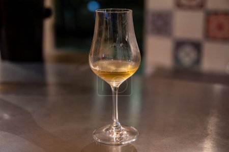 Tasting of cognac spirit aged in old dark French oak barrels in cellar in distillery house, Cognac white wine region, Charente, Segonzac, Grand Champagne, France