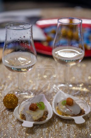 Photo for Degustation appetisers for visitors made by great chefs of haute cuisine French restaurants, winter festival, Avenue de Champagne, Epernay, France - Royalty Free Image