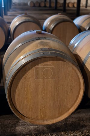 Weinkeller mit französischen Eichenfässern zur Lagerung von Rotweinen aus der Rebsorte Cabernet Sauvignon, Weinberge Haut-Medoc in Bordeaux, linkes Ufer der Gironde-Mündung, Pauillac, Frankreich