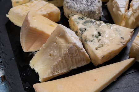 Tasting plate with many small pieces of different French cheeses, variety of cheeses