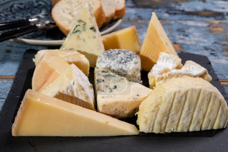 Photo for Tasting plate with many small pieces of different French cheeses, variety of cheeses - Royalty Free Image