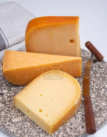 Cheese collection, Dutch ripe hard cheeses made from cow milk in the Netherlands close up