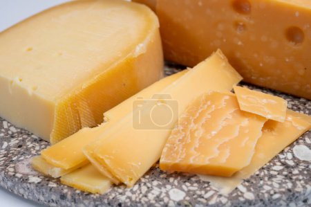 Cheese collection, Dutch very old 1000 days ripe hard cheeses made from cow milk in the Netherlands close up
