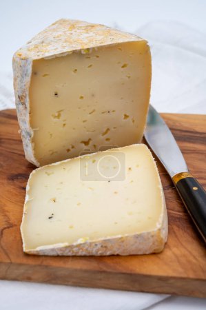 Ein Stück harter Ciambella-Trufilo-Käse mit Sommertrüffel aus piemontesischer Kuhmilch in der Langa, Italien