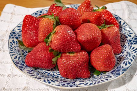 Neue Ernte, Teller mit bioreifen roten süßen Erdbeeren aus Spanien, vegetarisches Essen