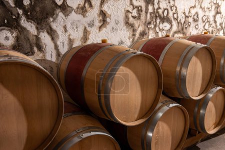 Holzfässer aus französischer Eiche zur Reifung von Rotwein im unterirdischen Keller, Weinanbaugebiet Saint-Emilion, Cru-Klasse Merlot oder Cabernet Sauvignon Rotweintrauben, Frankreich, große Weine aus Bordeaux
