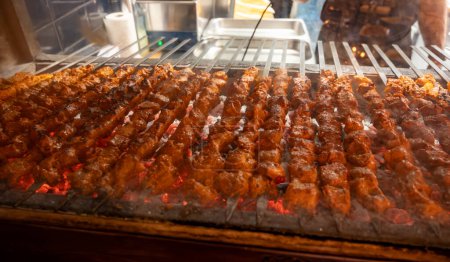 Gemischtes türkisches Grillfleisch, Chicken Wings, Lamm, Schaschlik vom Rind, Dönerspieß auf Holzkohlegrill im Restaurant in Istanbul