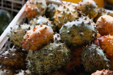 Kiwano tropical fruits, African horned cucumber, horned melon, spiked melon, jelly melon with horn-like spines, hence the name horned melon