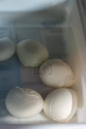 Leckeres italienisches Essen, kleine Bällchen mit weißem Mozzarella-Weichkäse auf dem Bauernhof in Schachtel