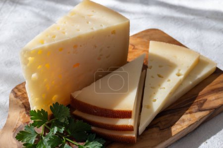 Spanish hard manchego, cow, sheep and goat cheese  close up
