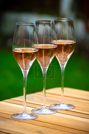 Picnic on green grass with glasses of rose champagne sparkling wine or cava, cremant produced by traditional method in caves on Marne river, Champagne region, France