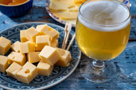 Colección de quesos, quesos duros maduros holandeses elaborados con leche de vaca en los Países Bajos en cubos y vaso de cerveza blanca