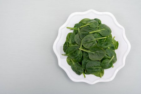 Fresh green baby Spinach leaves, diet and health concept, weight loss, washed spinach on ceramic plate, copy space