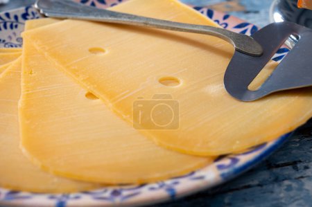 Käsekollektion, reifer holländischer Hartkäse aus Kuhmilch in den Niederlanden in Stücken und in Scheiben geschnitten