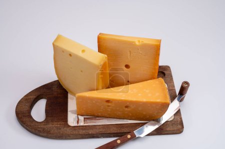 Colección de quesos, quesos duros maduros holandeses elaborados con leche de vaca en los Países Bajos de cerca