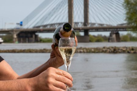 Picnic with zero alcohol sparkling wine and view on Martinus Nijhoff bridge across the Waal river near Zaltbommel in the Netherlands, healthy vacation in Netherlands