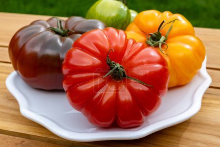 Vielfalt an farbenfrohen leckeren reifen französischen Tomaten vom Bauernmarkt in der Bretagne auf dem Teller, Nahaufnahme auf dem Holztisch