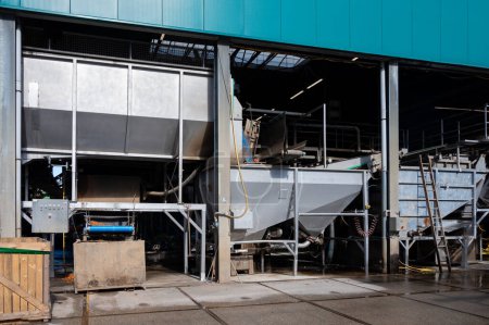 Fresh vegetables processing equipment after harvesting, storage, sorting, washing, cutting, packing, agriculture in the Netherlands