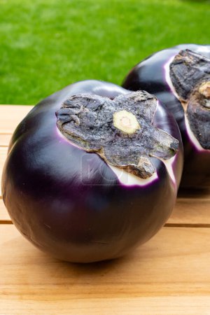Frische reife violette Erdkugel Violetta Auberginen Gemüse aus Sizilien bereit zum Kochen, gesunde italienische Küche