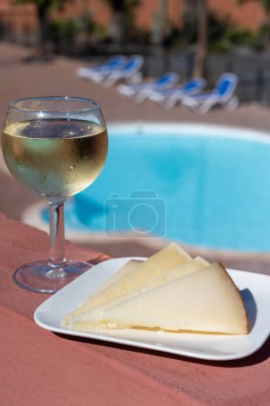 Spanish hard manchego, cow, sheep and goat cheese, glass of cold white wine and blue swimming pool on background