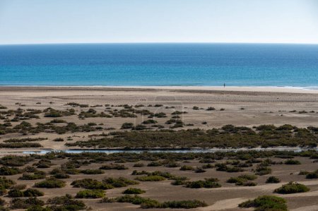 Sandy dunes and blue turquoise water of Sotavento beach, Costa Calma, Fuerteventura, Canary islands, Spain in winter