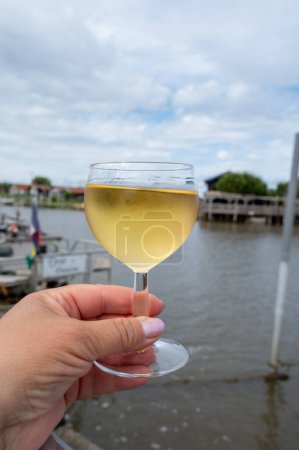 Degustación de vino blanco de Burdeos, Francia. Vasos de vino francés dulce blanco servidos en restaurante al aire libre, granja de ostras en Gujan-Mestras, bahía de Arcachon