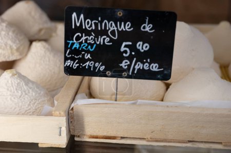 Cheese collection, French cheese, English translation is Meringue de Chevre pyramid cheese made from goat milk in region Tarn in France, price by piece