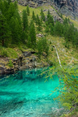 Foto de The crystal clear water of the Blue Lake of Ayes, Italian Alps - Imagen libre de derechos