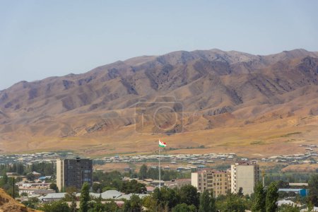 Cityscape of Panjakent with the Zerafshan mountains on the background, city in Tajikistan