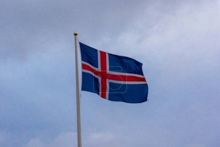 National flag of Iceland waving in Reykjavik