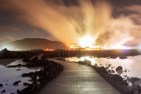 Starry sky and volcanic steam over the Blue Lagoon, natural geothermal spa in Reykjavik, Iceland