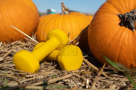 Photo for Yellow dumbbells on the hay and pumpkins in background. Healthy fitness lifestyle autumn fall composition for Halloween or Thanksgiving. Gym workout and sport training concept on a pumpkin patch farm. - Royalty Free Image