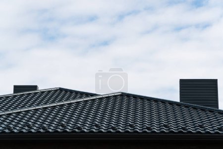 Téléchargez les photos : Le toit est fait de carreaux de métal noir. - en image libre de droit