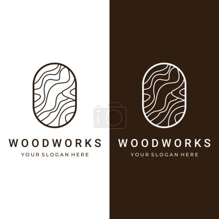 Téléchargez les illustrations : Conception de logo en bois et fibre naturelle, charpentier et planches de bois avec outils d'artisan scie. - en licence libre de droit
