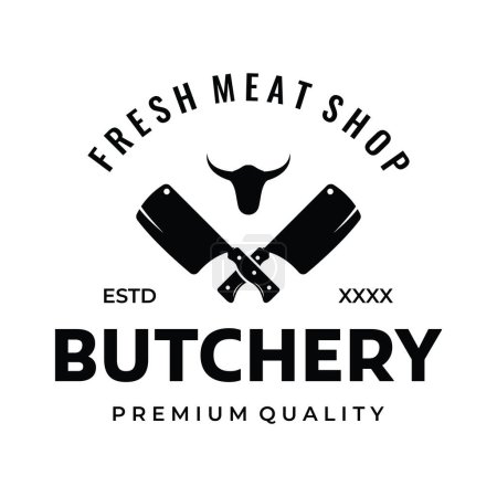 Fresh butcher shop logo with knife and vintage farm animal markings. Logos for businesses, restaurants, labels, stamps and fresh butcher shops.