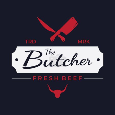 Illustration for Fresh butcher shop logo with knife and vintage farm animal markings. Logos for businesses, restaurants, labels, stamps and fresh butcher shops. - Royalty Free Image