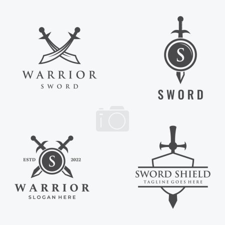 Ilustración de Espada, escudo, diseño de logotipo de silueta vintage excalibur. - Imagen libre de derechos