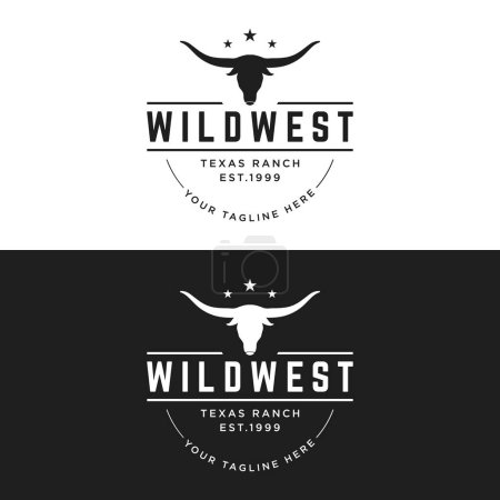 Téléchargez les illustrations : Longhorn texas ranch faune vintage modèle de logo. pour badges, restaurants, fermes et commerces. - en licence libre de droit