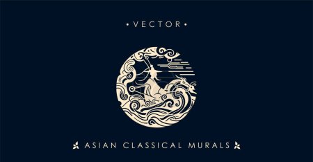 Illustration for Serene Asian Fisherman Circle Mural Vector Design - Royalty Free Image