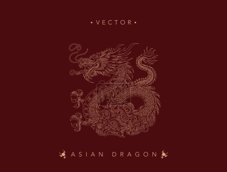 Illustration for Intricate Golden Asian Dragon on Textured Maroon Vector - Royalty Free Image