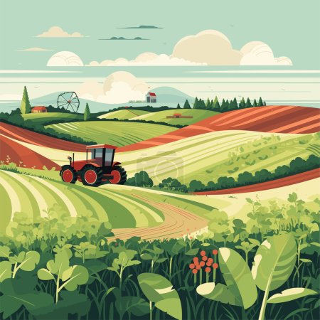 Illustration pour Agriculture, tracteurs et moissonneuses travaillant sur le terrain, récolte, journée ensoleillée, illustration vectorielle plate. - image libre de droit